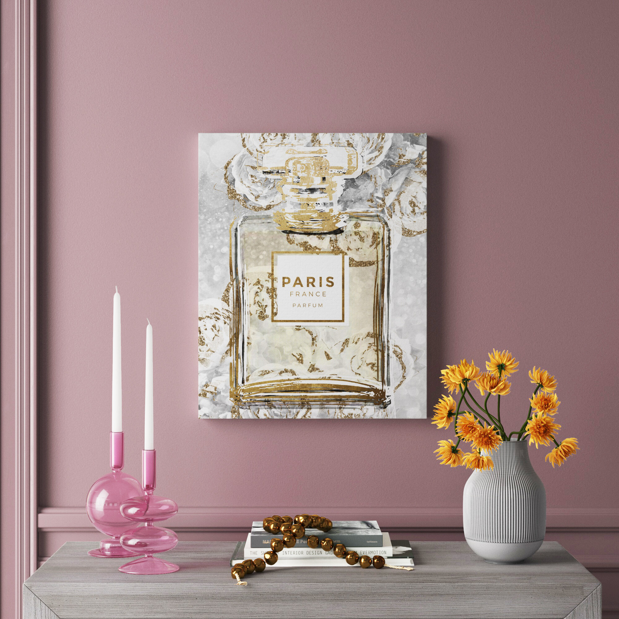 Fashion and Glam Floral French Perfume Gray Perfumes - Painting Print on Canvas Etta Avenue Format: Black Framed Canvas, Size: 20 H x 16 W x 1.5 D