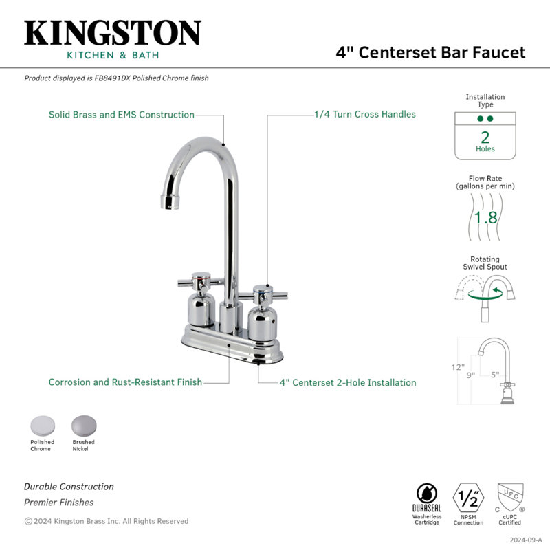 Kingston Brass Concord Two-Handle 2-Hole Deck Mount Bar Faucet