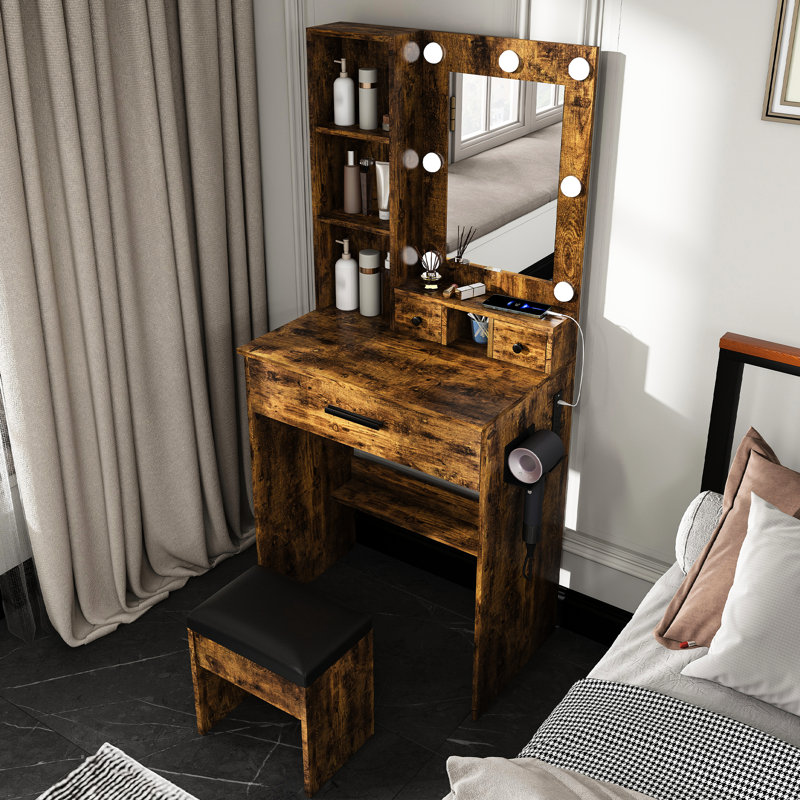 Table de coiffeuse rétro avec miroir, lumières DEL réglables, prise de courant, support pour sèche-cheveux et tabouret rembourré - une solution compacte pour les petites chambres, avec 1 grand 2 tiroirs compacts, ouverte