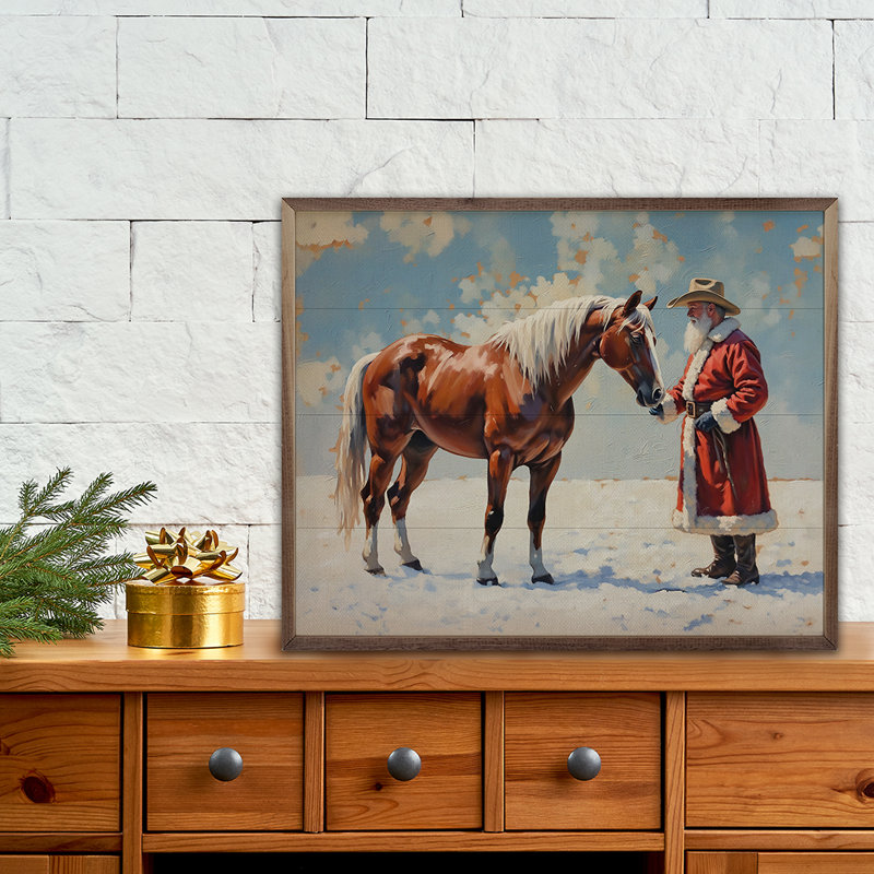 Père Noël dans un champ avec cheval, H 8 po x l 10 po