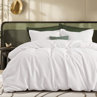 Bedsure Cotton Duvet Cover King - 100% Cotton Waffle Weave Bright White Bedding Set For All Season(Set of 3)