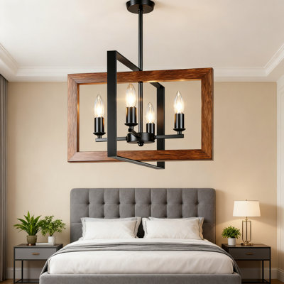 Farmhouse Wood Chandelier 4-Light Adjustable Hanging Fixture For Dining Room Kitchen Island Living Room Foyer Entryway