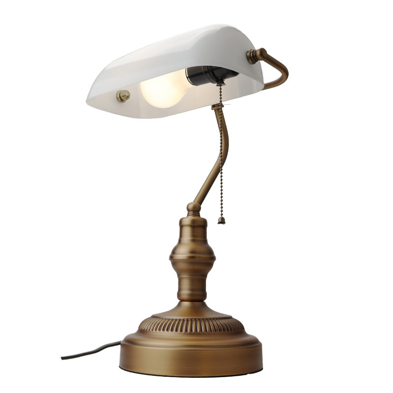 Kandace Antique Vintage Bronze Sleek White Glass Shade Bankers Table Lamp With Pull Switch For Living Room, White