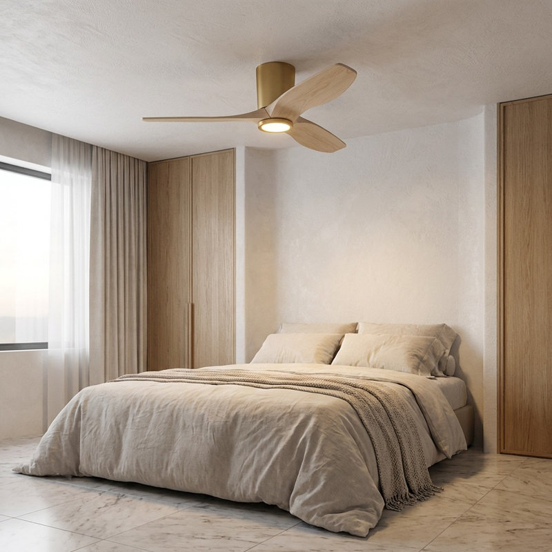 Seyra Smart Hugger LED Ceiling Fan, Washed White Oak, 44" Wide, Burnished Brass