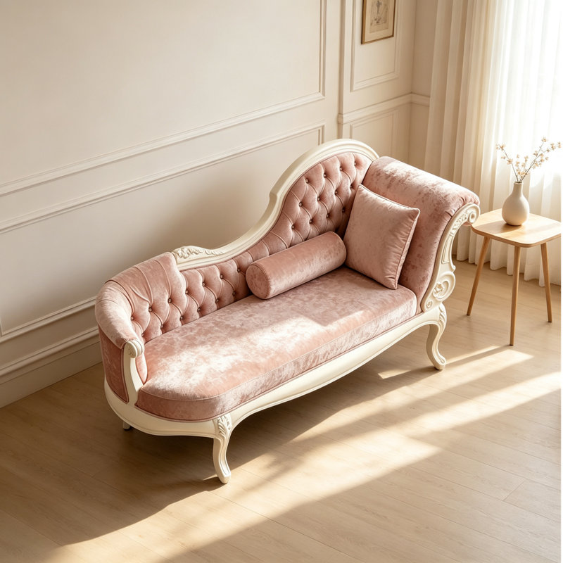 Tufting Pink Suede Solid Wood Chaise Longue
