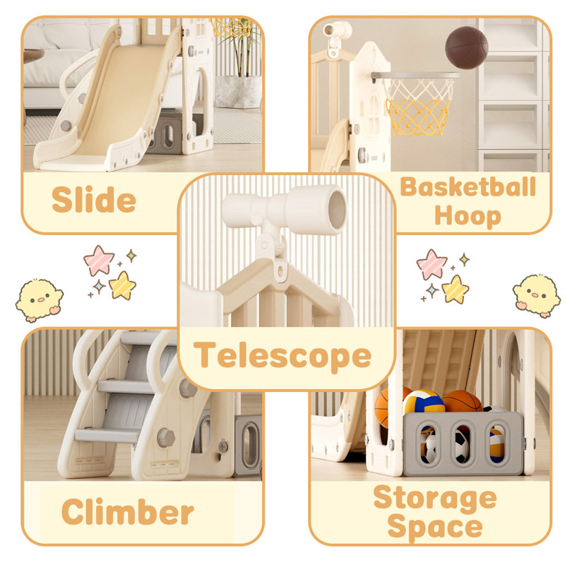 6 In 1 Toddler Slide Playset, Indoor Outdoor Climbing Toy with Basketball Hoop, Beige/Brown
