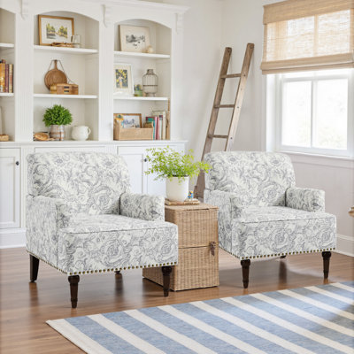 Glenetta Iliana Upholstered Rococo Light Gray Cotton Blend Armchair with Solid Wood Legs and Nailhead Trim