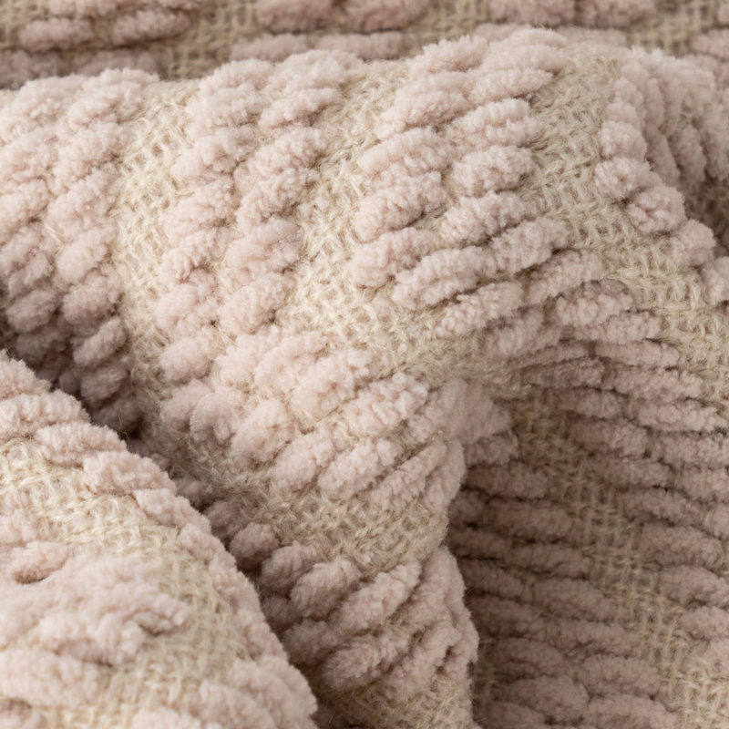 Beige Chunky Knit Chenille Throw Blanket with Tassels