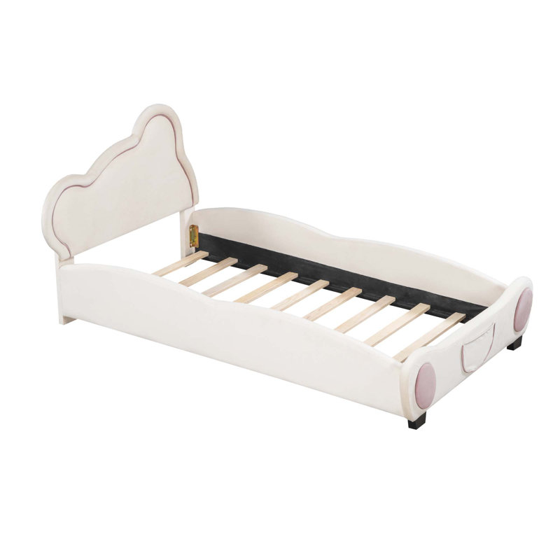 Lit plateforme en velours avec tête de lit en forme d'ours et poche de rangement à l'extrémité du lit, Beige, Simple