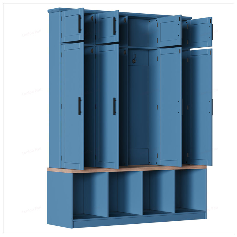 Farmhouse Hall Tree with 4 Hidden Hooks, Versatile Seating Bench, and 8-Door Shoe Cabinet for Entryway Organization, Navy