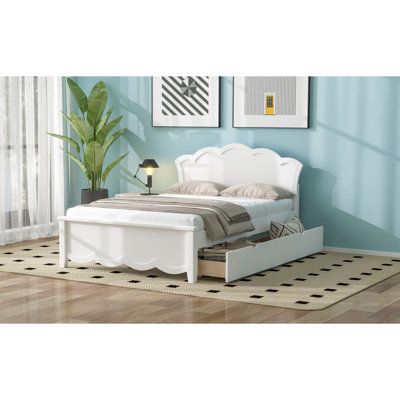 Lit plateforme double en bois avec tête de lit et deux tiroirs, blanc