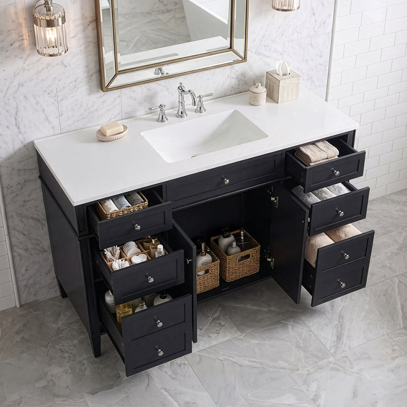 Meuble-lavabo moderne blanc 48 "avec comptoir en composite Victoria, 6 tiroirs et 2 portes Victoria, Noir
