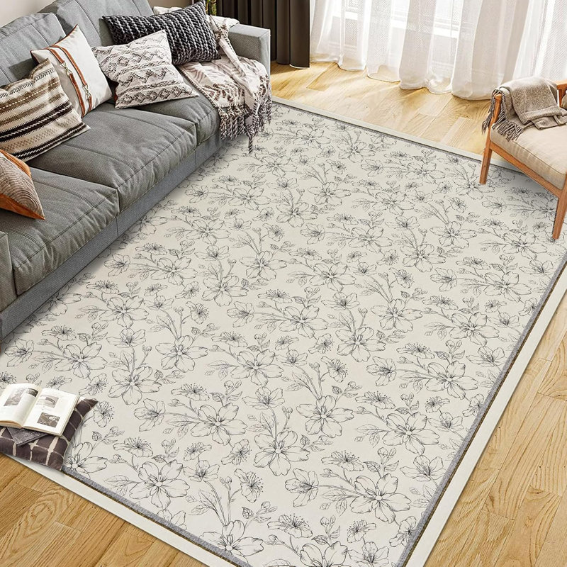  Tapis décoratif lavable floral, antidérapant, à poils courts et doux pour le vestibule, la cuisine, la chambre d'enfant, beige, vert, bleu, lavable à la machine.
