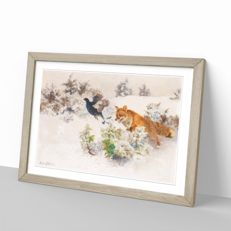 Fox Chasing Bird by Bruno Liljefors - Picture Frame Painting, 48cm H x 65cm W x 2cm D, Oak Framed