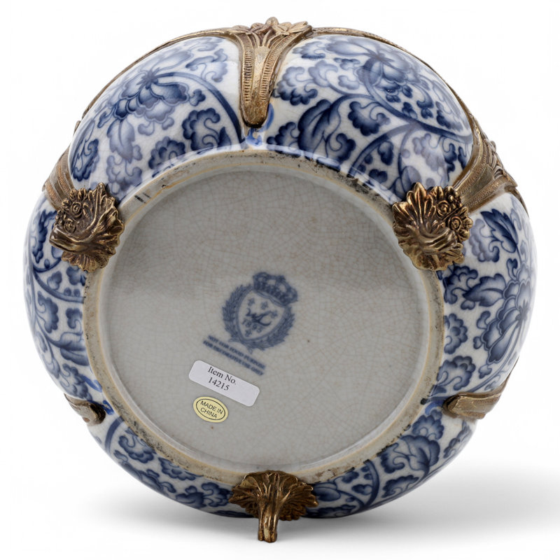 Porcelain Scallop Bowl With Bronze Blue White Floral