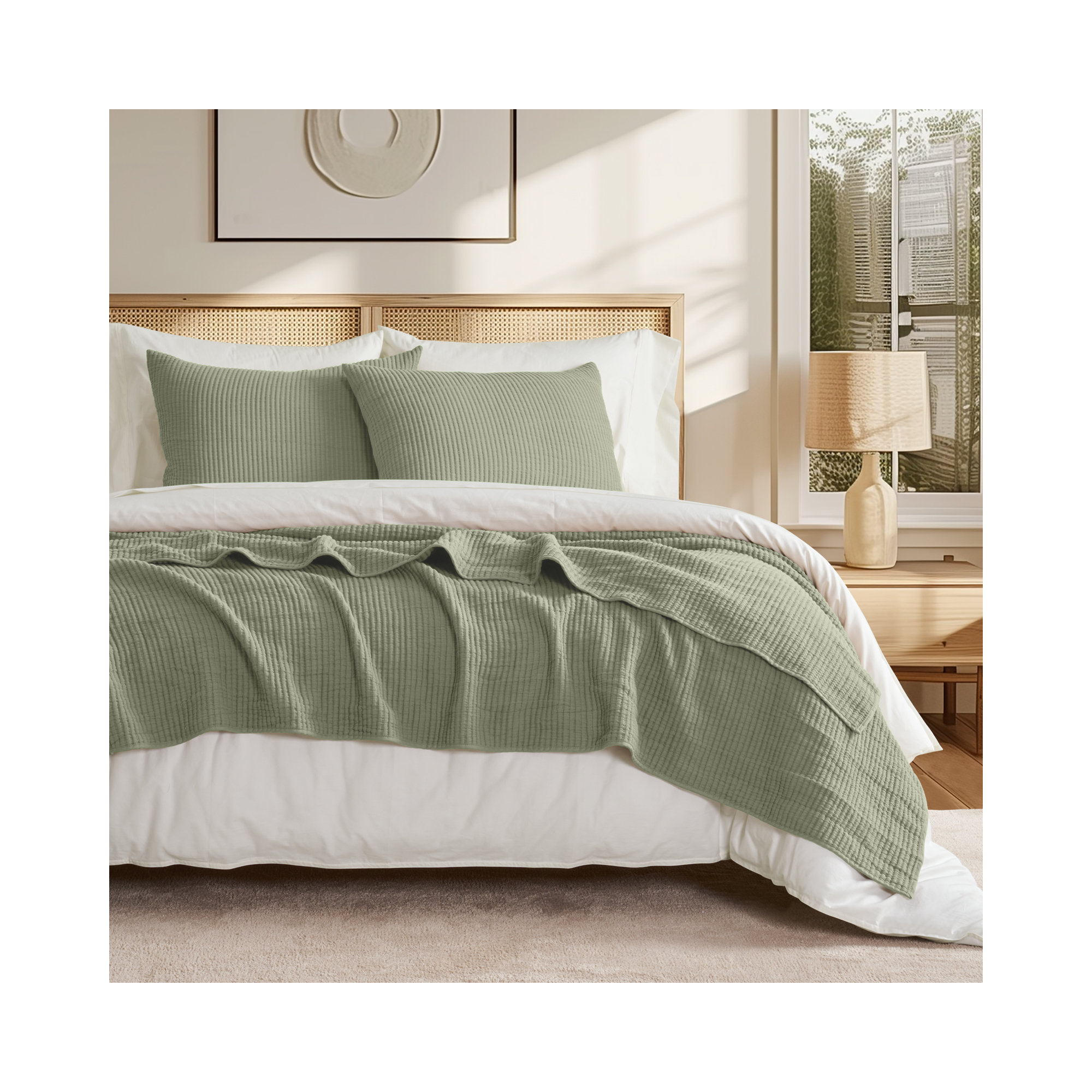 Ribbed Matelassé Cotton Coverlet Set, King Quilt + 2 King Shams, Sage Green