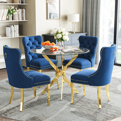 36" Round Glass Dining Set, Modern Velvet Upholstered Chairs With Cross Stainless Steel Base