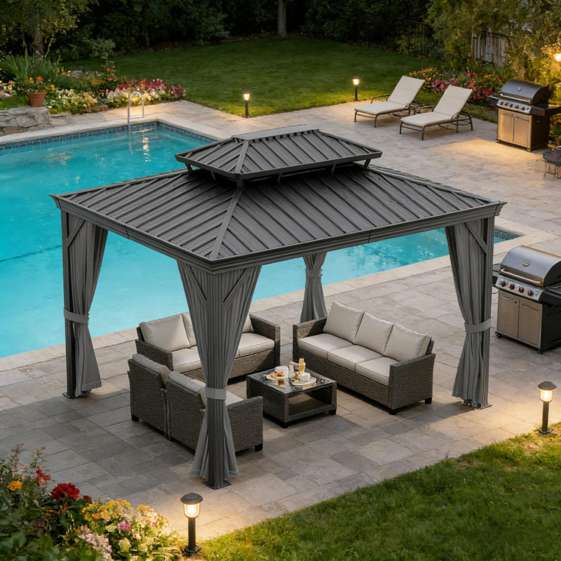 Aluminum Hardtop Gazebo with Polycarbonate Double Roof, Curtains and Netting for Outdoor, 120" H  x 144" W  x 144" D