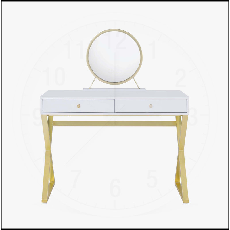 Meuble-lavabo polyvalent avec miroir et plateau à bijoux pour espaces élégants, Blanc poli / or
