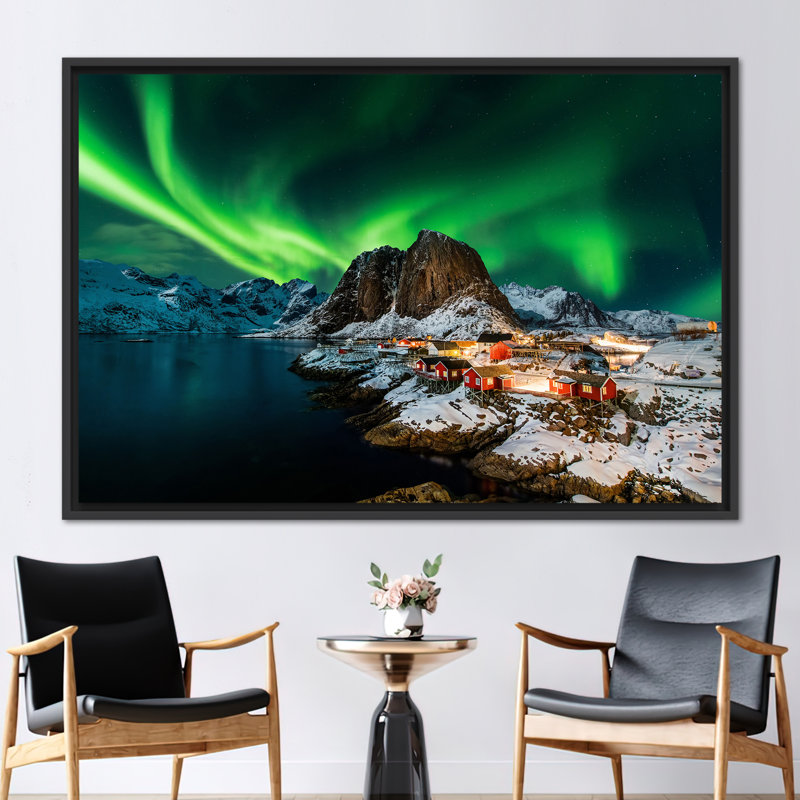 Northern Lights Landscape Canvas Art - Lofoten Inspired Decorative Wall Print Gift, Black Floater Framed, 40 cm H x 60 cm W