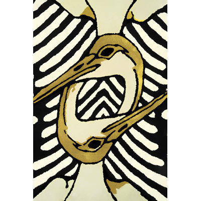 Tapis décoratif noir et beige à motif d'oiseaux surréalistes