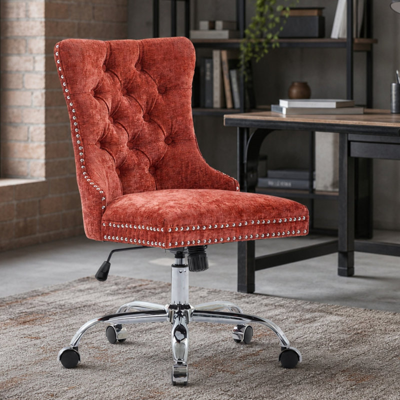 Chaise de bureau moderne en chenille capitonnée avec base en métal chromé, pivotant à 360 degrés, Rouge, Rouge