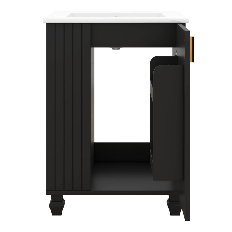 Meuble-lavabo 24 po avec lavabo, meuble-lavabo avec tablettes latérales ouvertes et armoire de rangement, porte à fermeture douce avec rangement à 2 niveaux