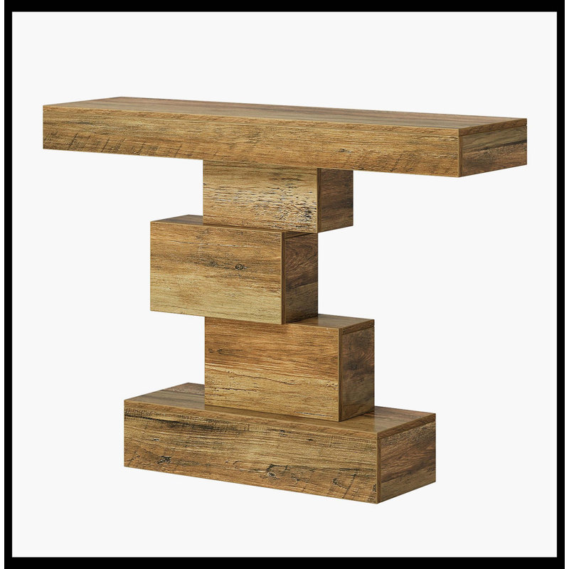 42" Console Table, Wood Sofa Table Accent Table With Geometric Base, Light Brown