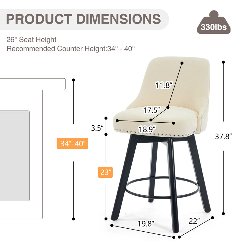Swivel Upholstered 26''Counter Stool And Bar Stools With Full Back And Solid Wood Frame, Beige Seat/Black Frame