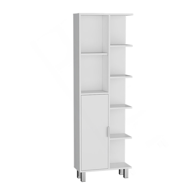 Armoire de salle de bain H 63 po en lin avec sept tablettes ouvertes, un tiroir et quatre pieds Mott, blanc