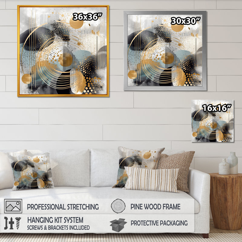 Or et gris, formes modernes, minimalisme II - décoration murale abstraite, H 36 po x l 36 po x P 1,5 po, Toile tendue