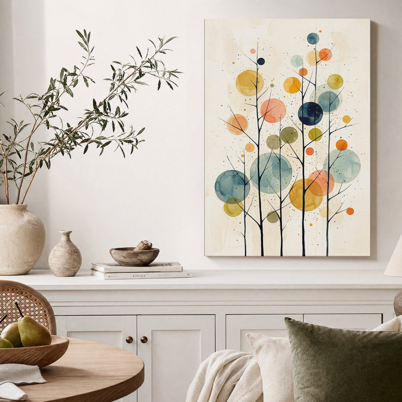 Arbres stylisés avec cercles aquarelle multicolores - Tableau sur toile, H 48 po x l 36 po