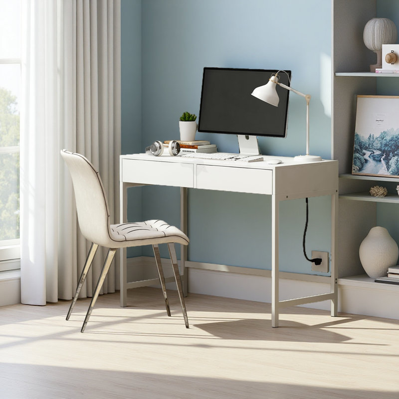 Bureau de charge 40 po avec 2 prises et 2 ports USB - Bureau d'ordinateur / coiffeuse à 2 tiroirs, Blanc