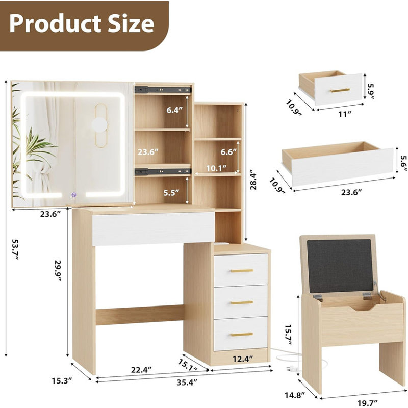Makeup Vanity Desk with Sliding Mirror & 3 Color Lights, 4 Drawers, Power Outlet & Stool Set, Beige