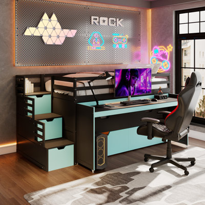 Twin XL Loft Bed with Pull-Out Desk and Twin Trundle, Multi-Functional Bunk Bed with 2 Storage Drawers and Storage Steps, Space-Saving Gaming & Workstation Bedframe, Black+Blue