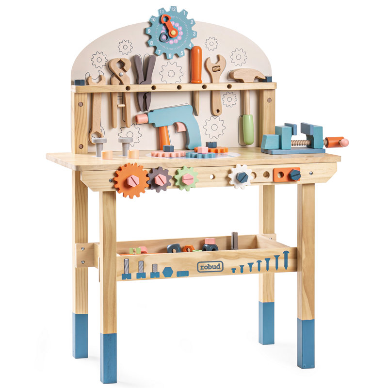Wooden Toy Workbench, Large Children's Wooden Play Tool, Pretend Play Creative Building Set