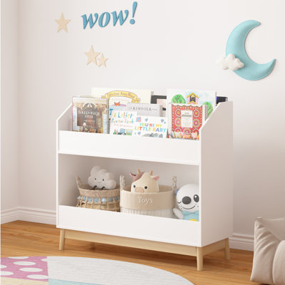 Montessori Kids Book Display Shelf, Wooden Bookcase With Storage Organizer For Toddlers, Nursery Bookshelf, Child-Safe Rounded Corners, White Finish by George Oliver