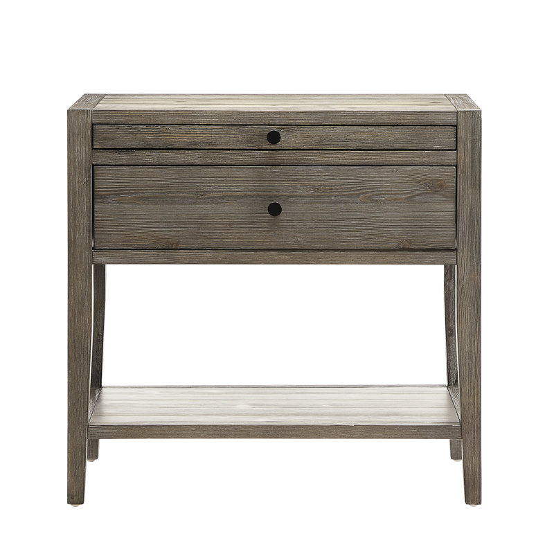 1 table de chevet de couleur grise patinée, méthode de conception de structure de tiroir française, glissières latérales en métal, poignées noires, plateau coulissant pour un espace supplémentaire, tablette ouverte, rustique décontracté côtier