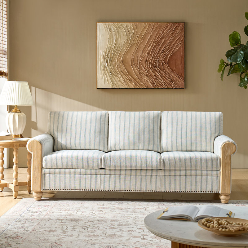 Gema 205 CM Farmhouse Striped Sofa With Rolled Arm And Solid Wood Spindle Legs