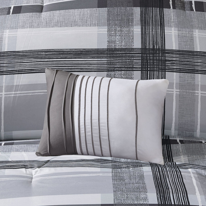 Couette à carreaux pour lit double/queen - Ensemble de literie noir et gris avec couette, taies d'oreiller et coussins décoratifs. Respirante et élégante. 2 couettes.