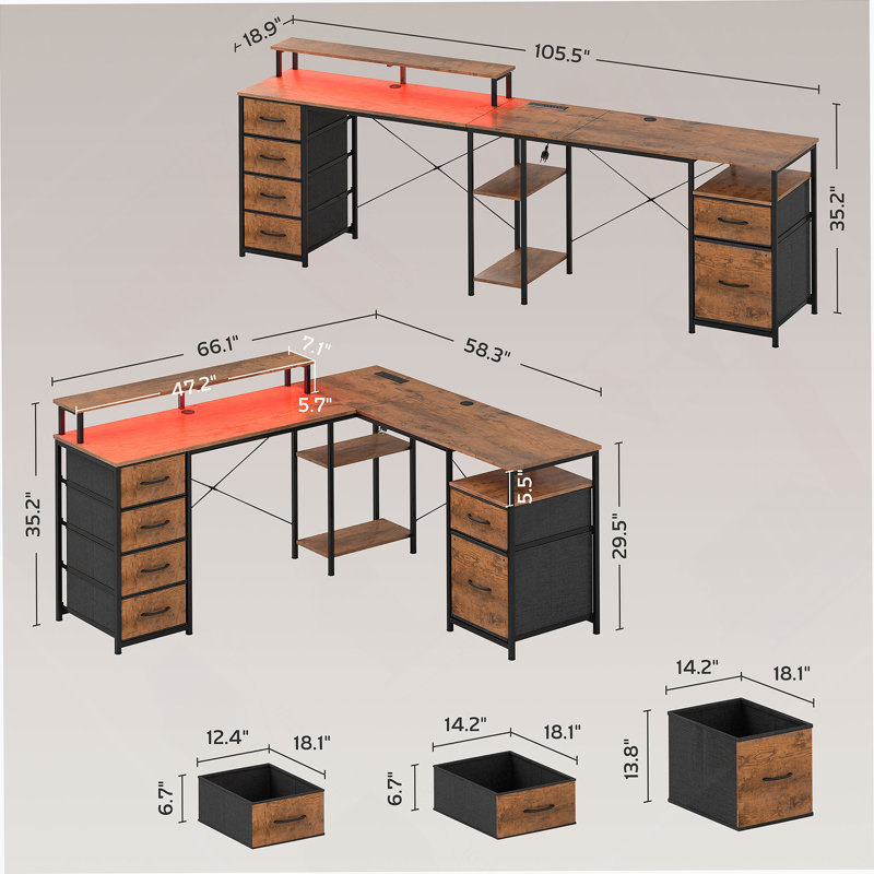 Bureau d'ordinateur, bureau en L, bureau d'angle avec tiroir, prises de courant et lumières DEL, Brun rustique