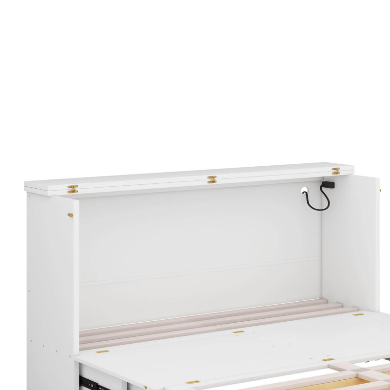Lit escamotable avec tiroir et ensemble de prises et ports USB, structure de poulie, Blanc, Grand lit