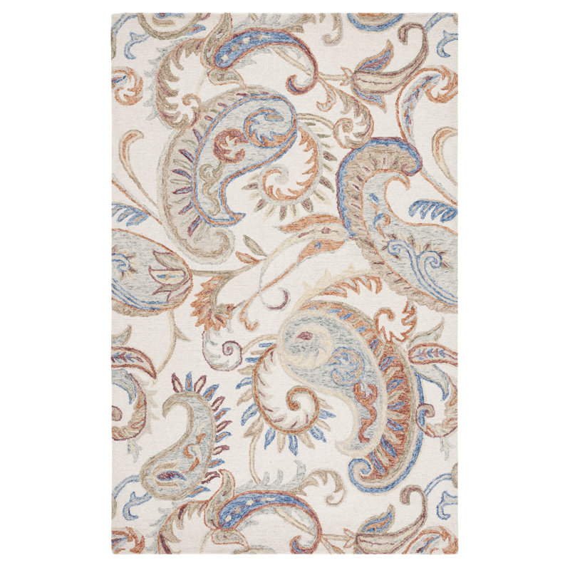 Runner Alben Paisley Handmade Tufted Wool/Cotton Area Rug in Ivory/Rust, Rectangle 5' x 8'