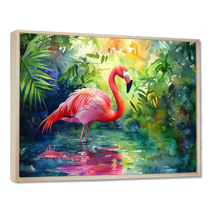 Flamant rose dans la lagune II - flamant rose, art mural, H 24 po x l 32 po, Cadre flottant, Natural