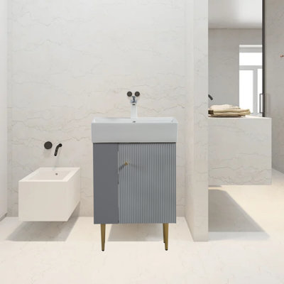 Meuble-lavabo en bois gris de 21,6 po avec lavabo en céramique et tablette ouverte à gauche