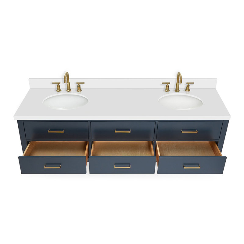 73'' W Double Vanity, Midnight Blue, Satin Brass, Italian Carrara Marble