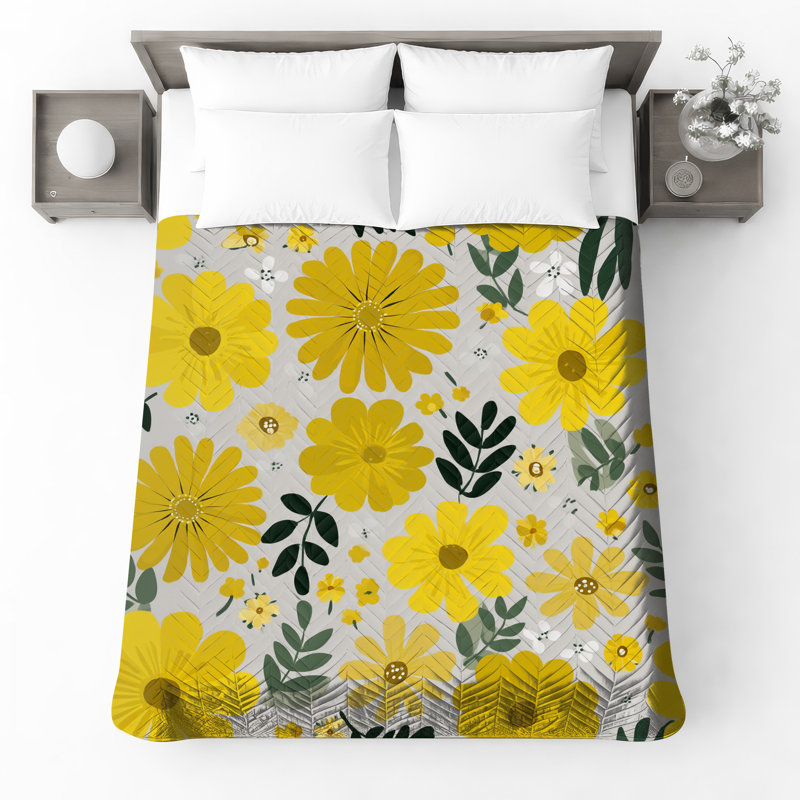 Couvre-lit matelassé à motif floral jaune, Grand lit