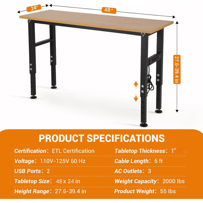 Établi réglable 48-72 "avec prise de courant, table de travail d'une capacité de 2000 LBS pour garage et atelier