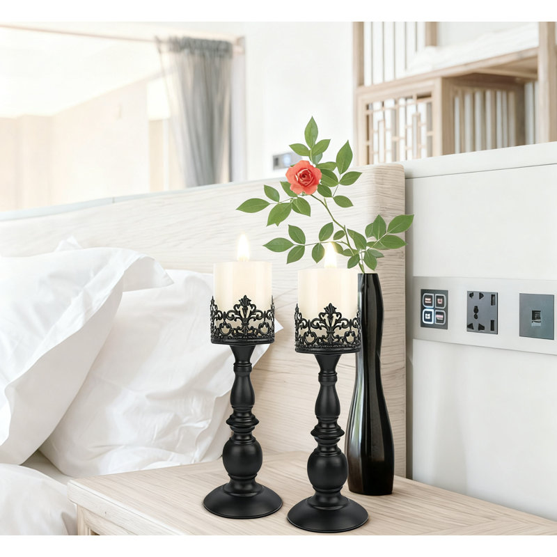 Candle Holders For Pillar Candles, Vintage Tall Candle Stand Set Of 2, Decorative Table Centerpieces For Home Decor, Black