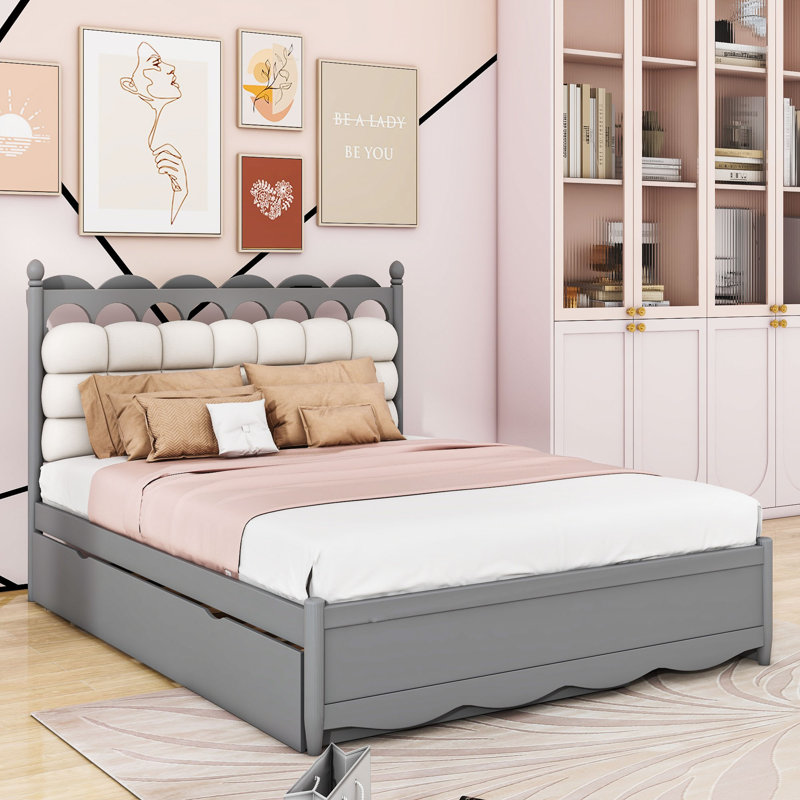Queen 2 Drawers Platform Bed with Twin-XL Trundle and Built-in Sockets & USB Ports, Gray